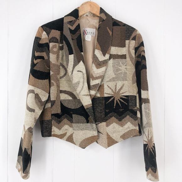 VTG 90s Bolero Crop Jacket Southwest Tapestry Chenille Size Large Cream Brown - Picture 1 of 16